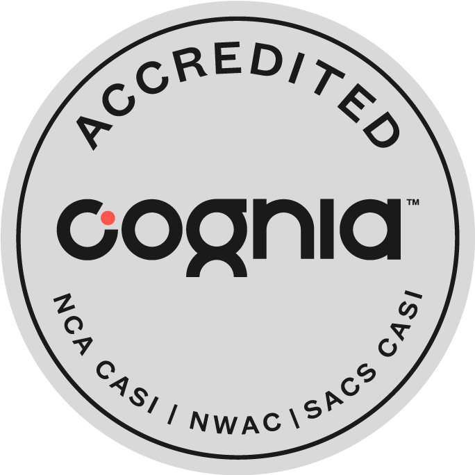Cognia Accredited seal displaying the Cognia logo with accreditation listings for NCA CASI, NWAC, and SACS CASI.