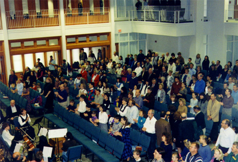 Congregation gathers for a worship service at New Life Church in Woodbury, Minnesota.